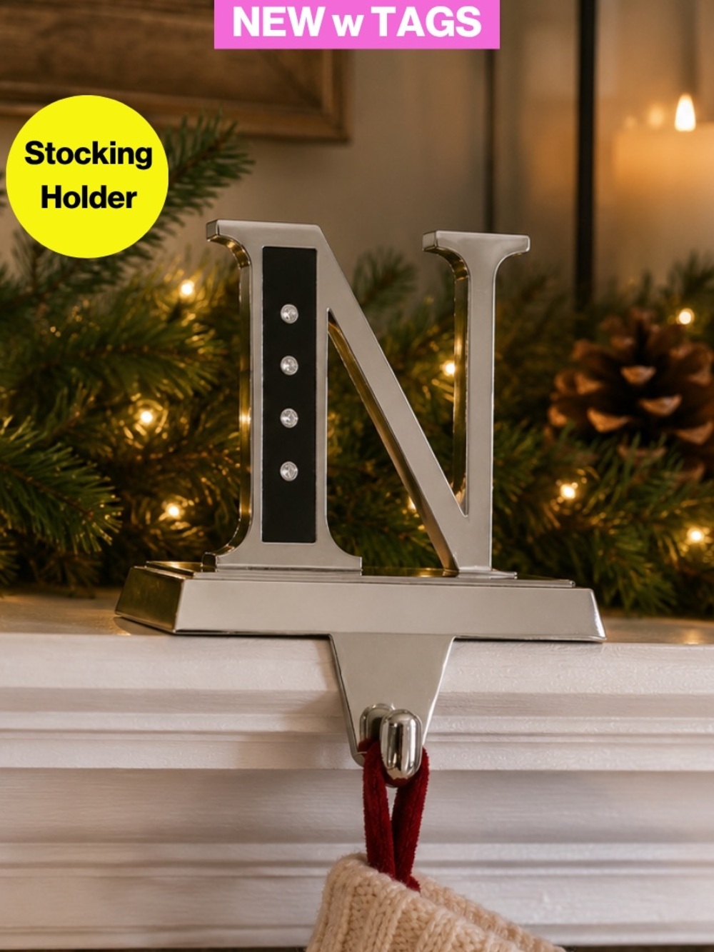 NEW w TAGS 🏷️ 2/for $20 🪩 “N” Initial, Christmas Stocking Holder w/Crystals